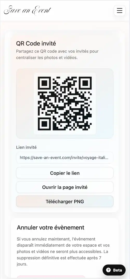 Partagez le lien et le QR code mobile